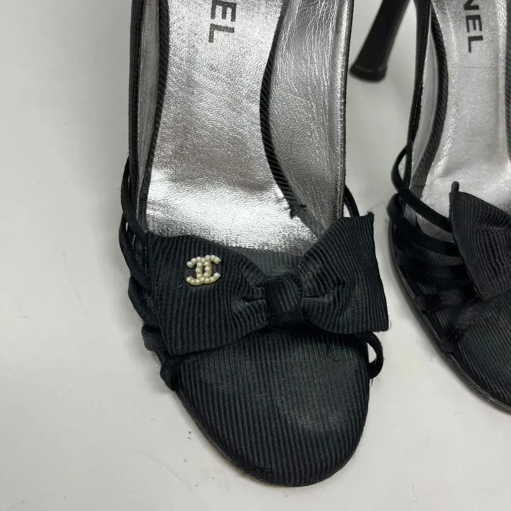 Vintage Chanel CC Pearl Black Heel Sandal Pump with Bow size 37 EU